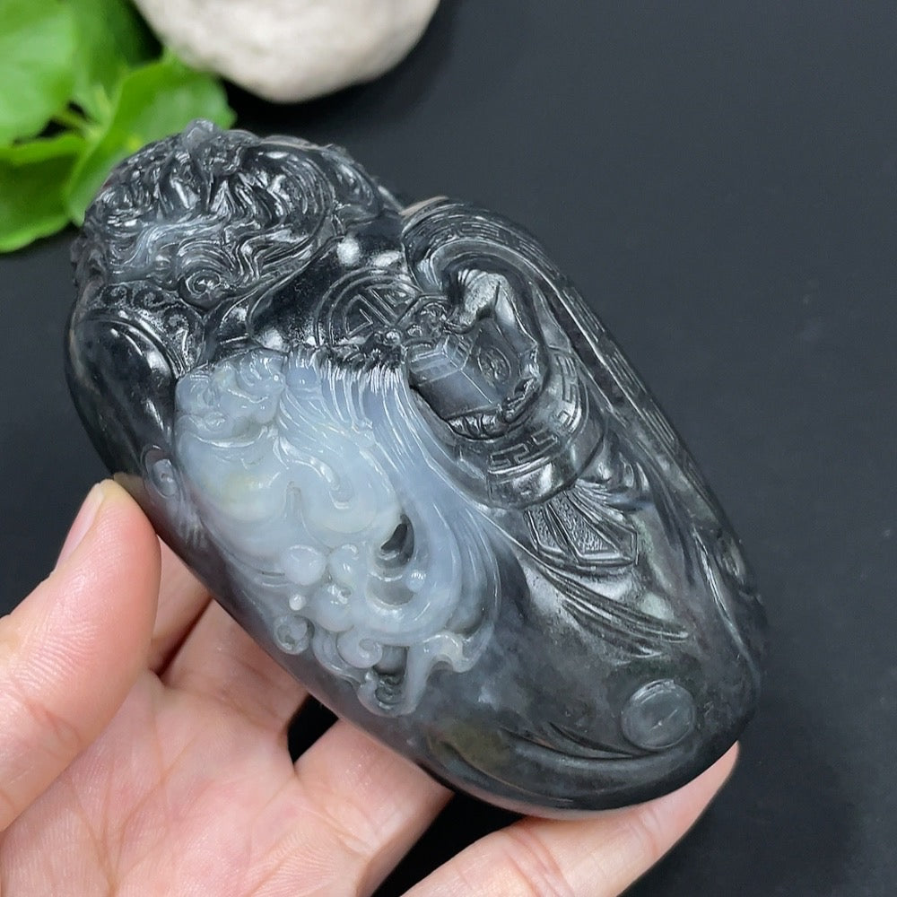 Hetian Jade Black and White Seed Material Handheld Piece - Zhong Kui, Total Weight Approx. 349.4g