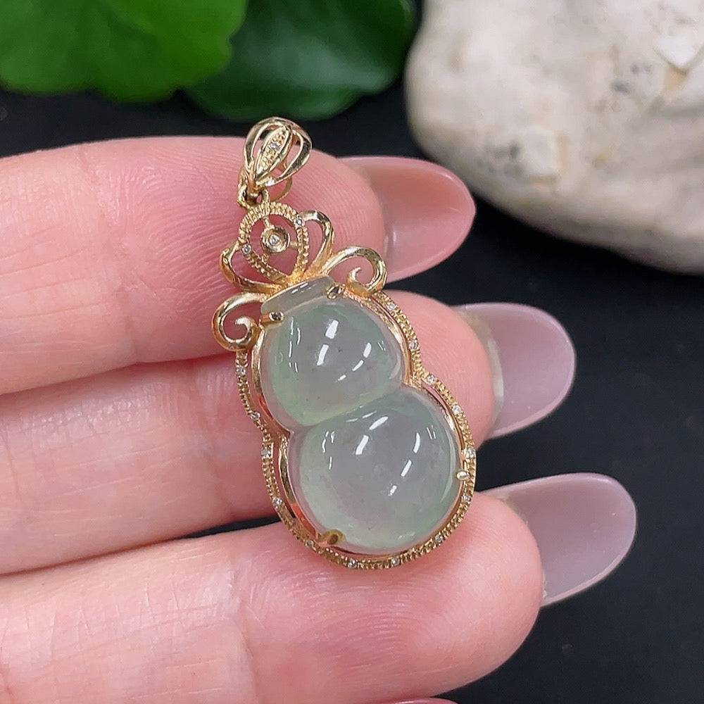 Jadeite gourd pendant with diamond accents, 18K gold, crafted by HUILIU HQ, featuring a smooth, polished jade surface and gold bail