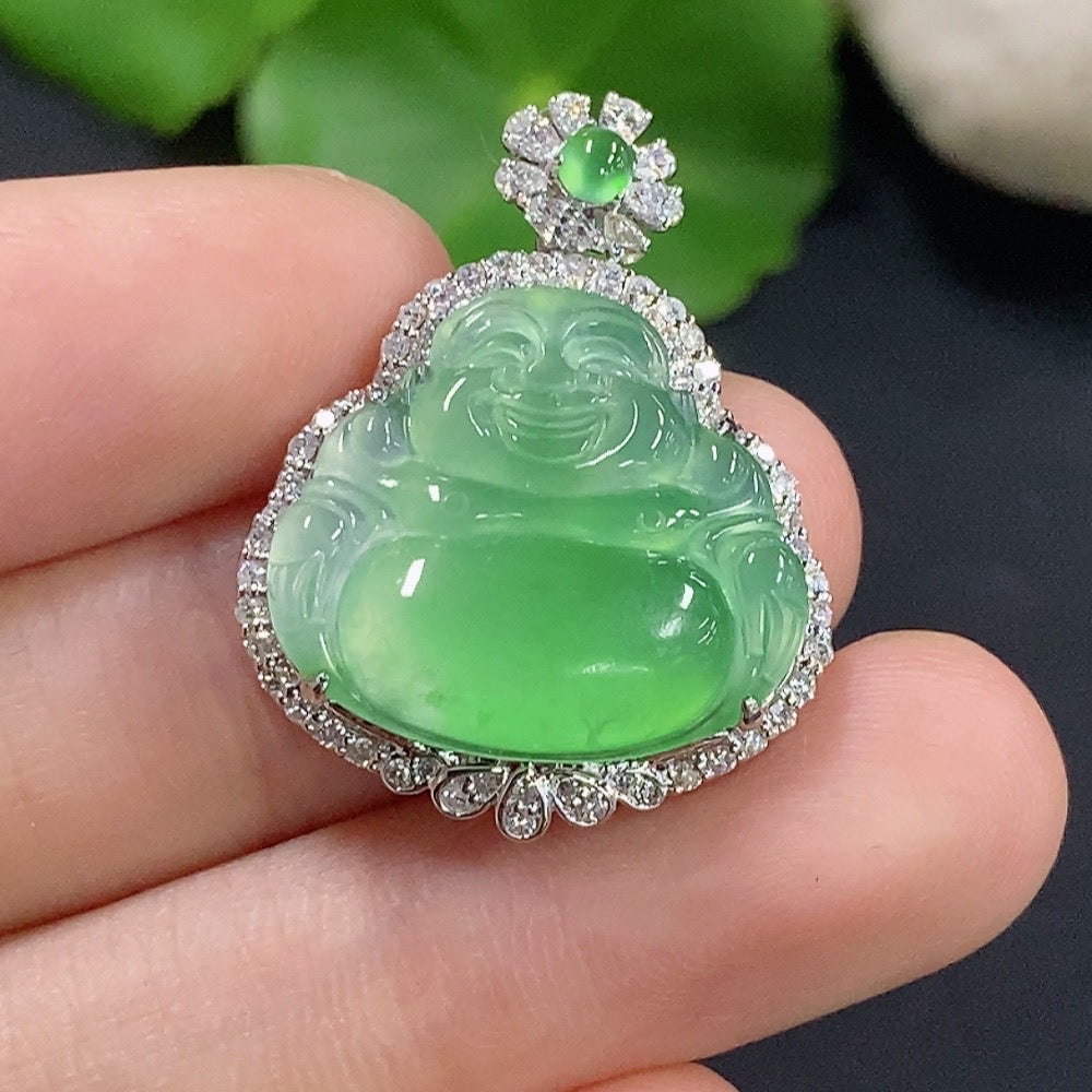 Jadeite Buddha pendant necklace with 18K gold chain and diamond accents, featuring a detailed Buddha charm.