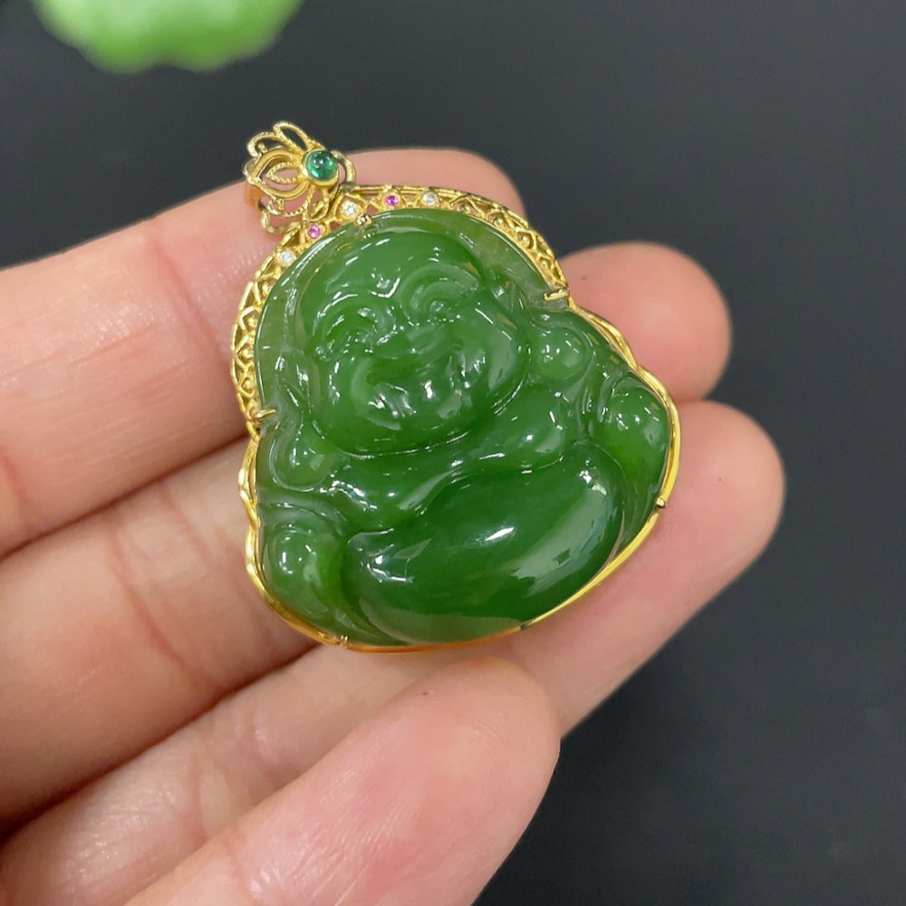 Huiliu Hetian jade Buddha figurine, inlaid with non-diamond details, crafted from green jade, with intricate carved features.