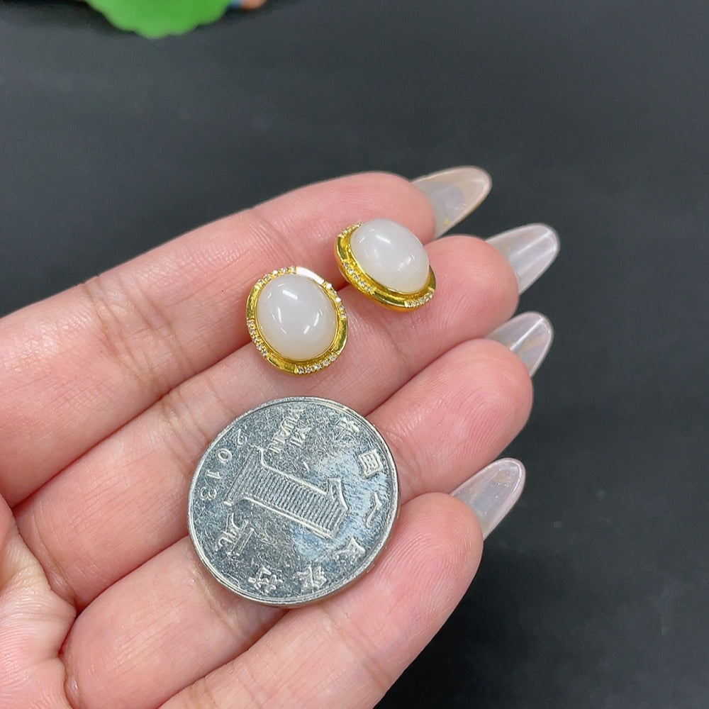 Hetian Jade Inlaid Earrings Total Weight Approx. 3.5g 18k with Diamond Accents