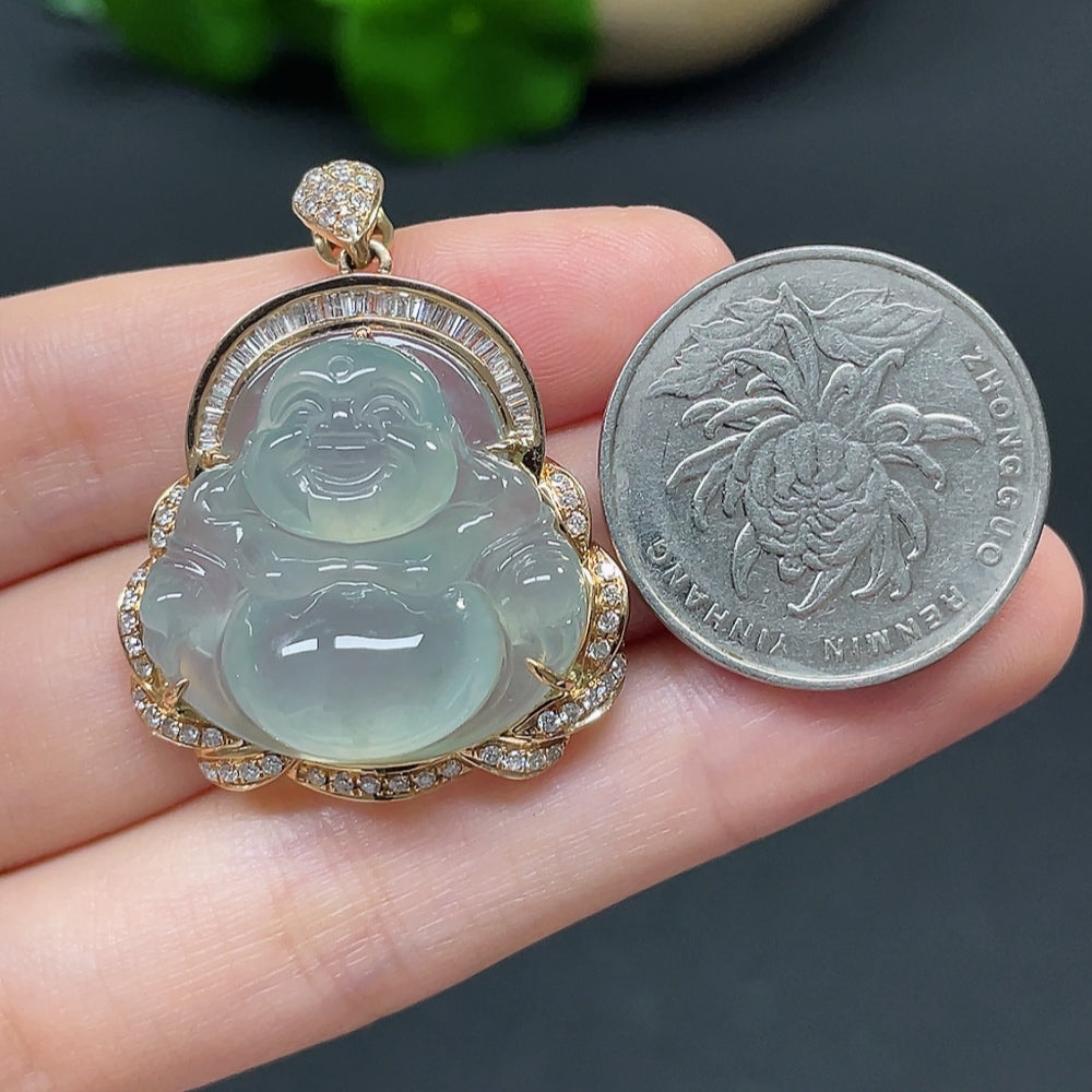 Jadeite Buddha Pendant with 18k Gold and Diamond Accents, Total Weight Approximately 11.47g