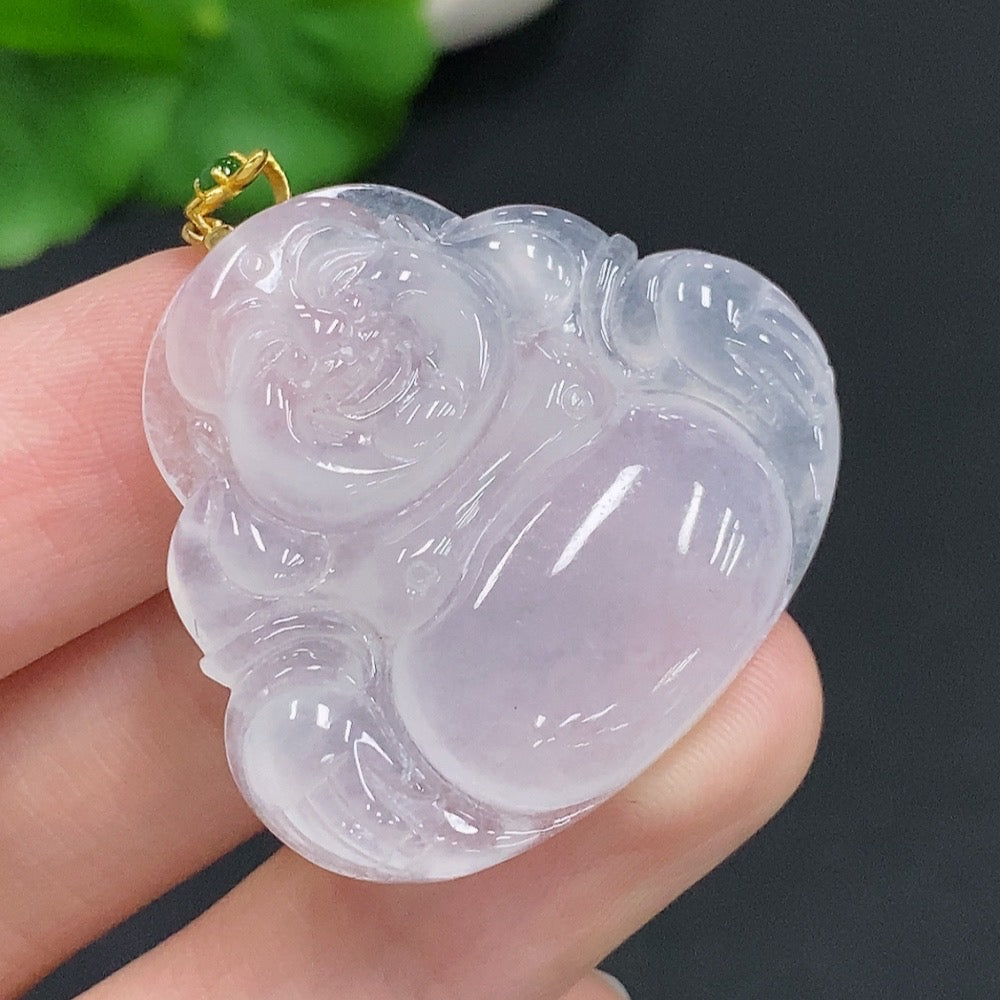Jadeite Buddha pendant with 18k gold clasp, crafted from smooth green jade, weighing approximately 10g, by HUILIU HQ.