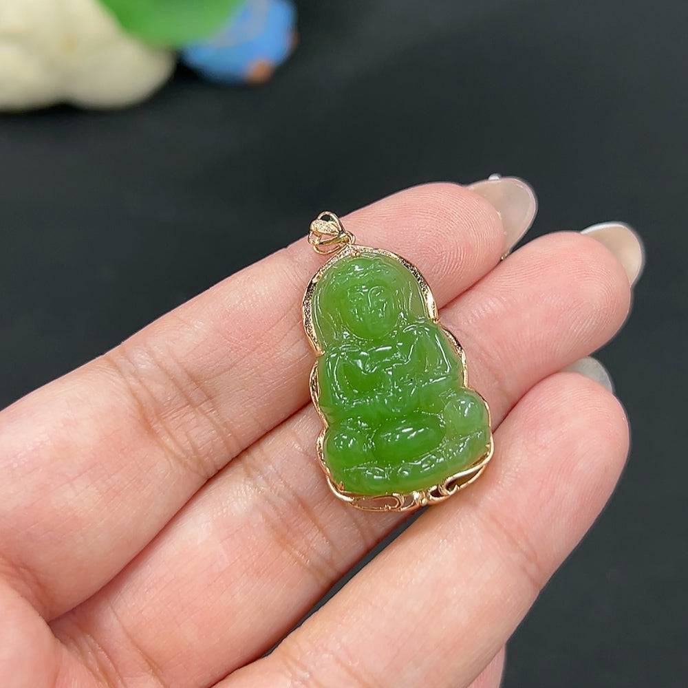 Huiliu HQ Hetian Jade Jasper Guanyin pendant with diamond accents, intricately inlaid in a polished jade gemstone.