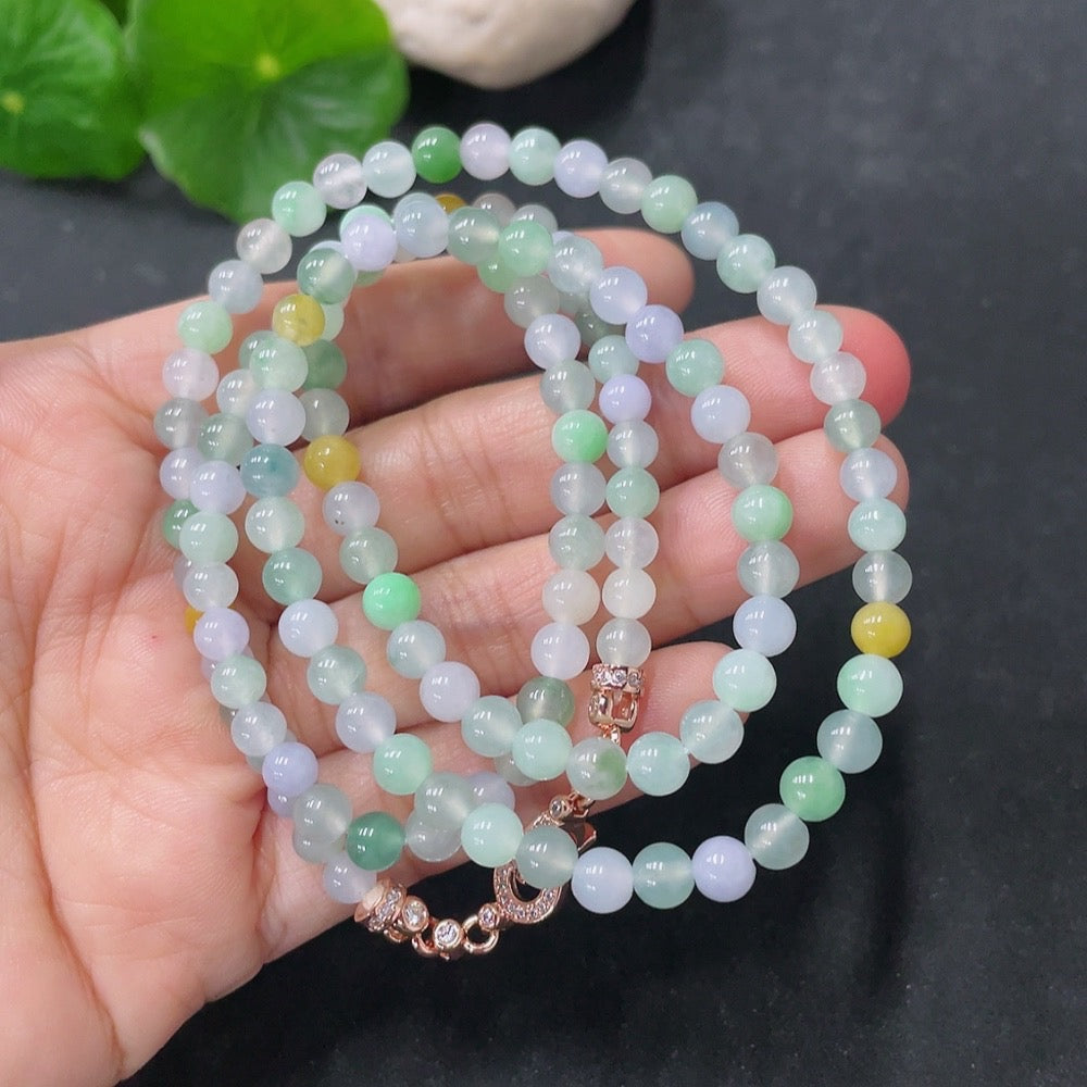 Jadeite bead necklace with 5mm jade beads, non-gold, weighing approximately 26.6g, from HUILIU HQ.
