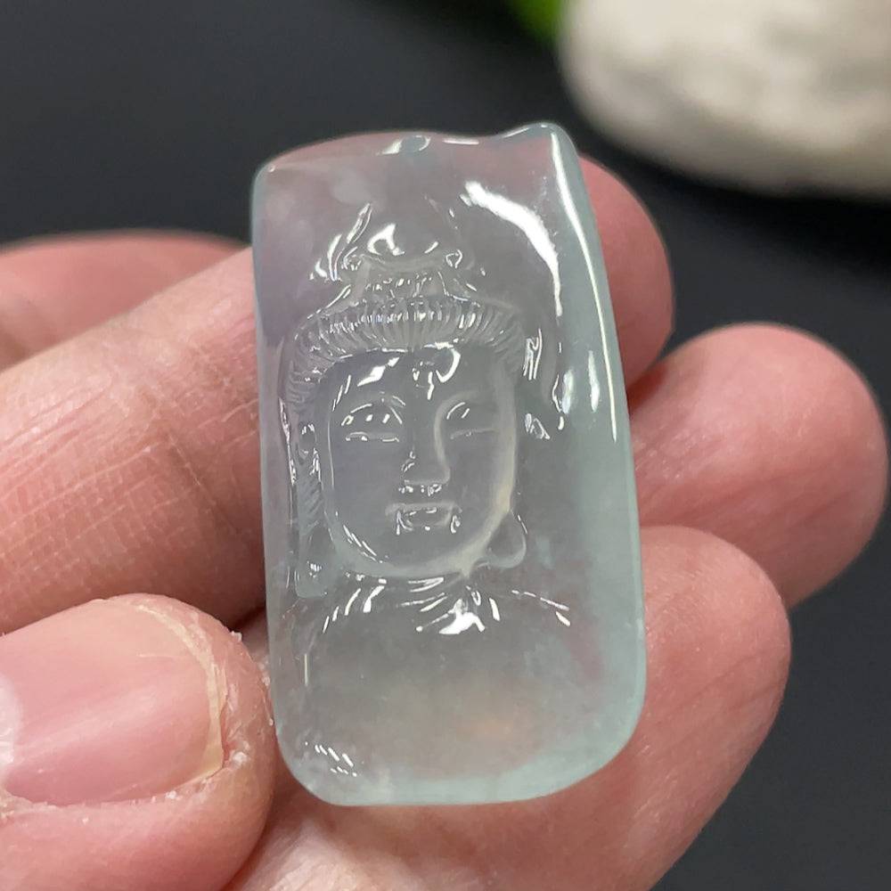 Jadeite Guanyin pendant from HUILIU HQ, detailed jade carving of the Guan Yin figure, weighs approximately 6.2 grams.