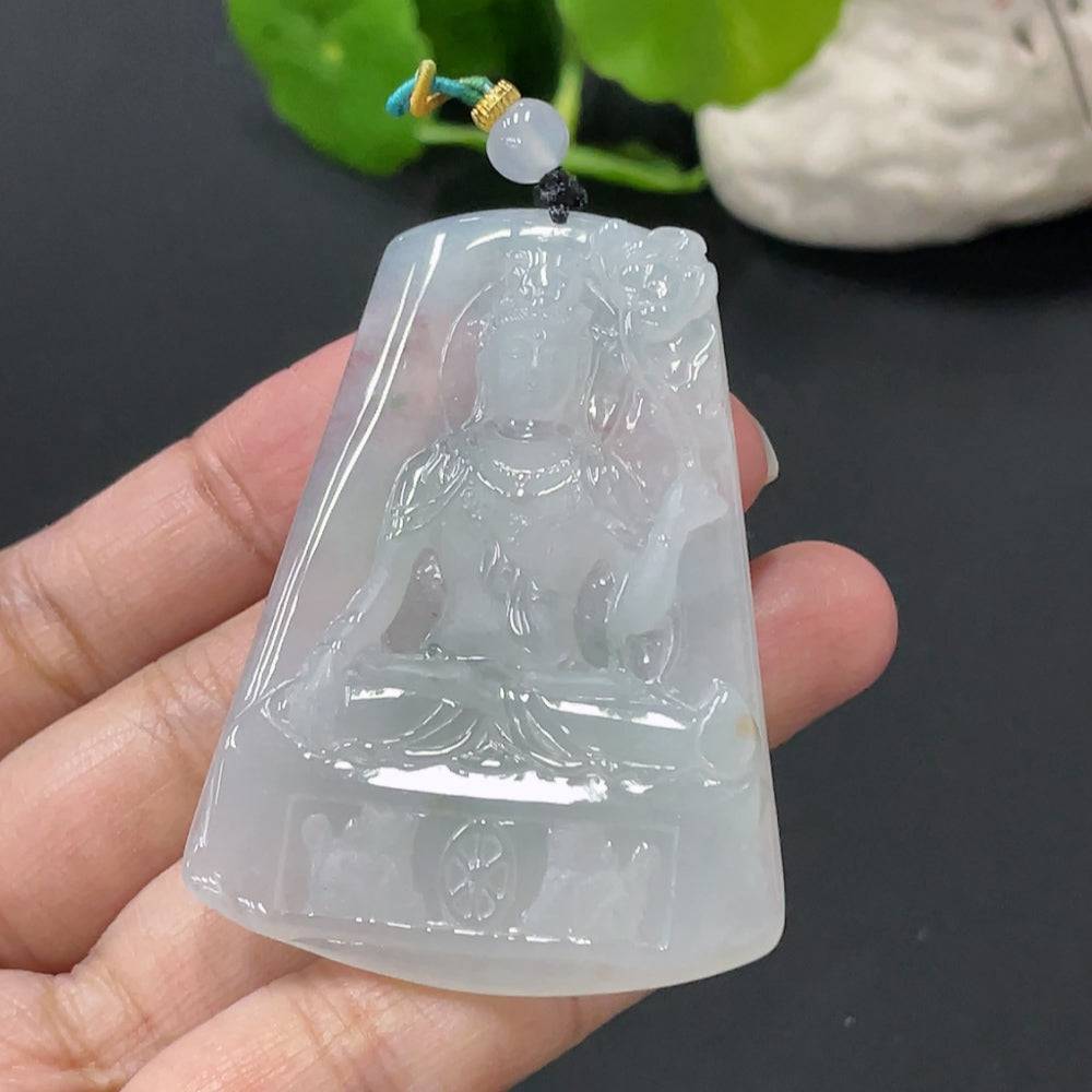 Jadeite Guanyin pendant plaque with beads, crafted from green jade, weighs approximately 26.8g, by HUILIU HQ.