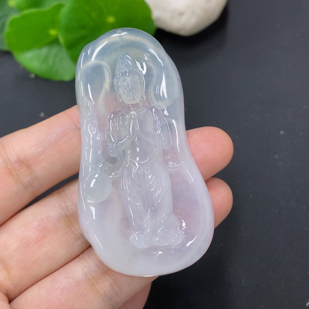 Jadeite Guanyin pendant necklace with intricate carving, weighing approximately 21.7g, from HKHQ.