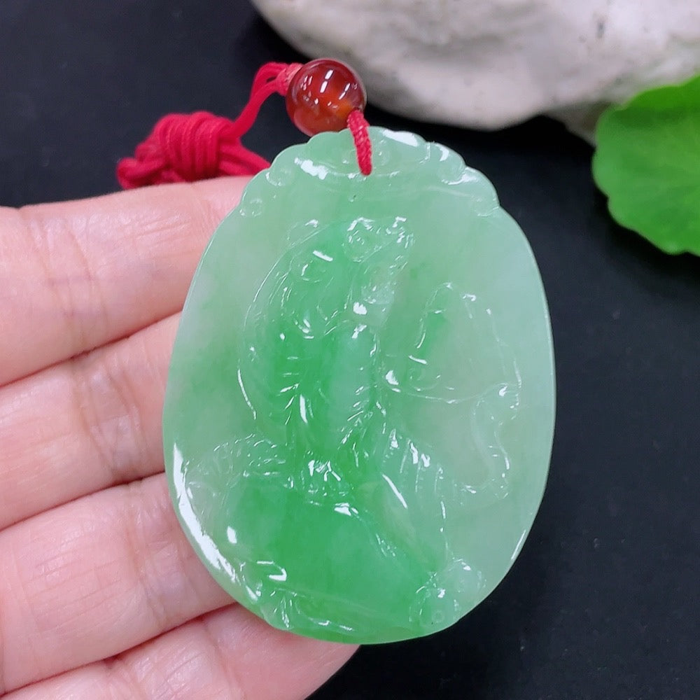 Jadeite Tiger on the Mountain pendant from HUILIU HQ, showcasing detailed green jade carving of a tiger on a mountain scene.