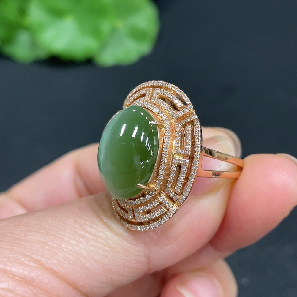 Huiliu Hetian Jade Jasper cabochon ring and pendant set with diamond accents, featuring a convertible design and natural jade appearance.