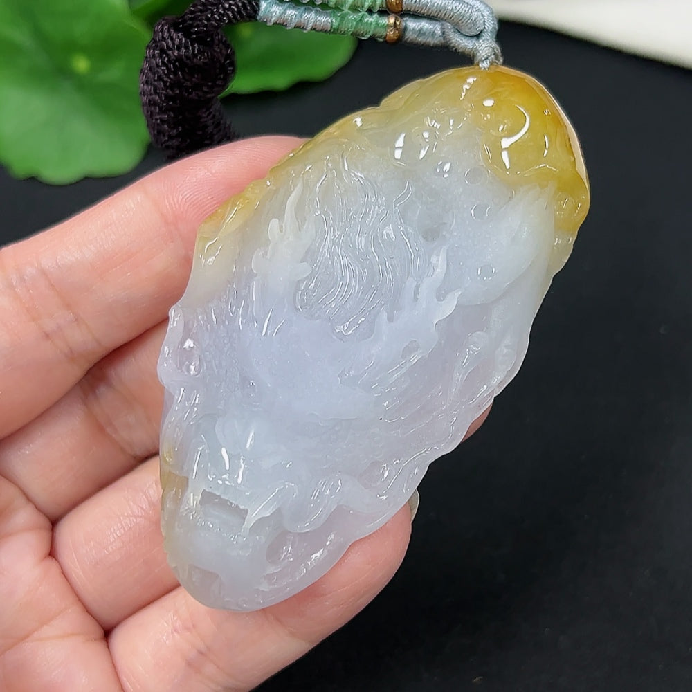 Jadeite dragon pendant with rope, weighing approximately 53.8g, featuring a detailed green jade dragon design.