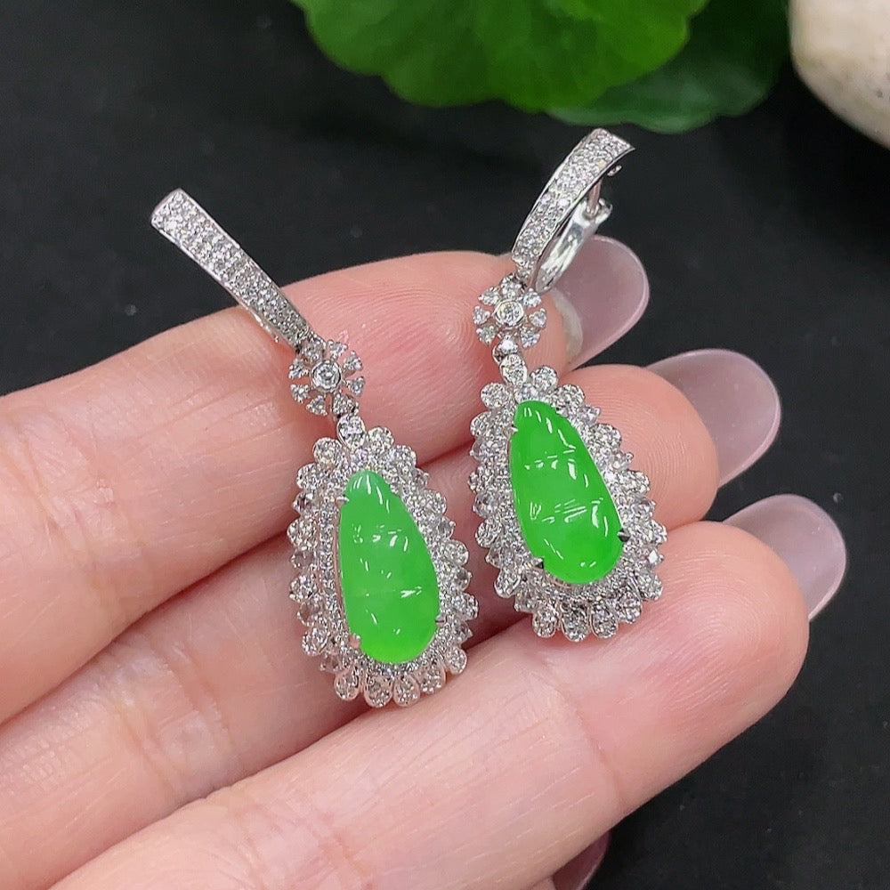 HUILIU HQ jadeite auspicious bean inlaid earrings with 18K gold, large design, featuring jade stones, weight approx. 6.9g