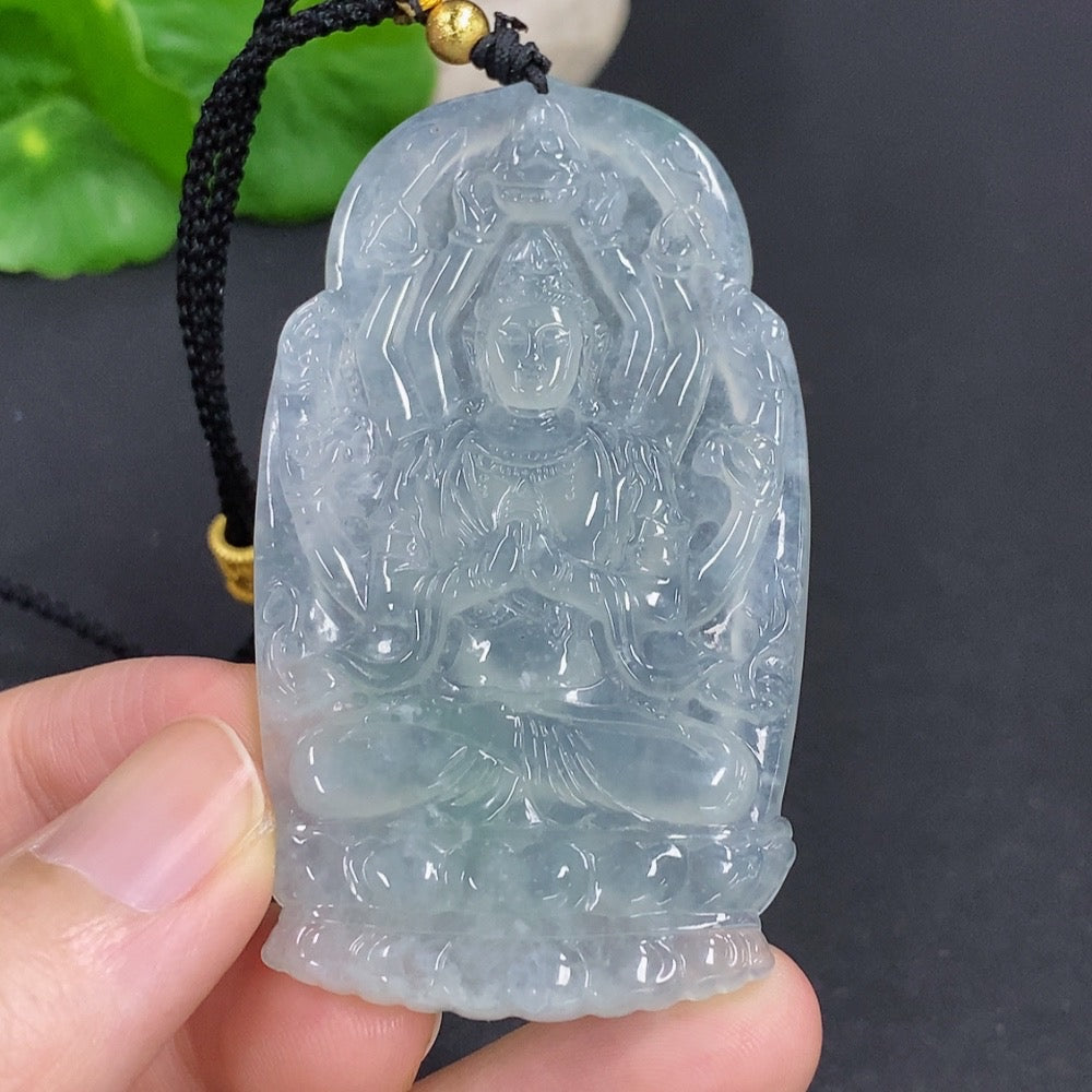 Jadeite Thousand-Hand Guanyin pendant necklace by HKHQ, showcasing detailed carved figure on a string necklace.