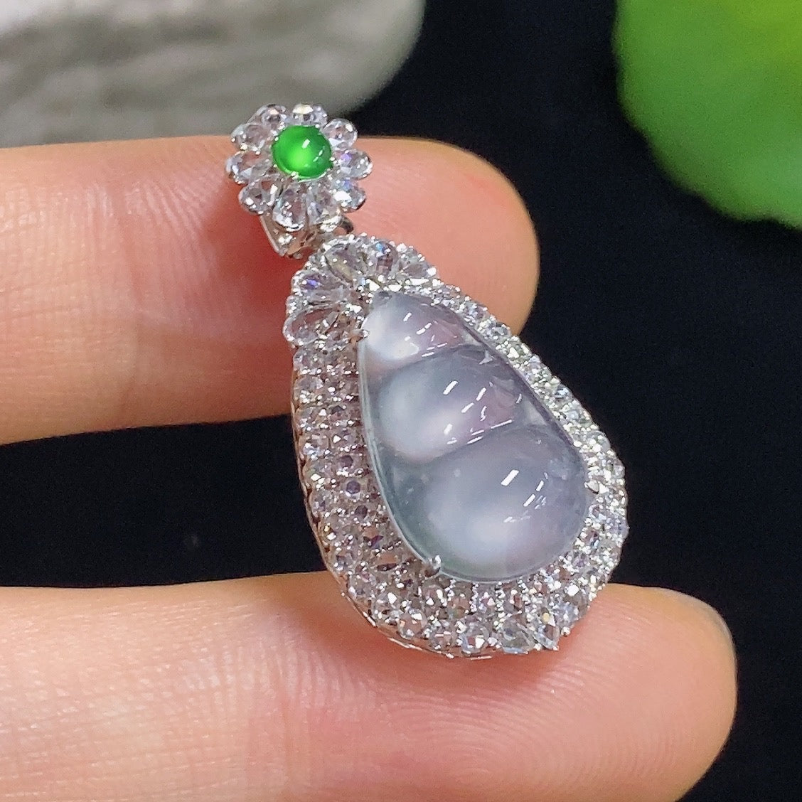 Jadeite Fudu Bean Inlaid Pendant 18k with Diamond Accents Total Weight Approximately 3.47g