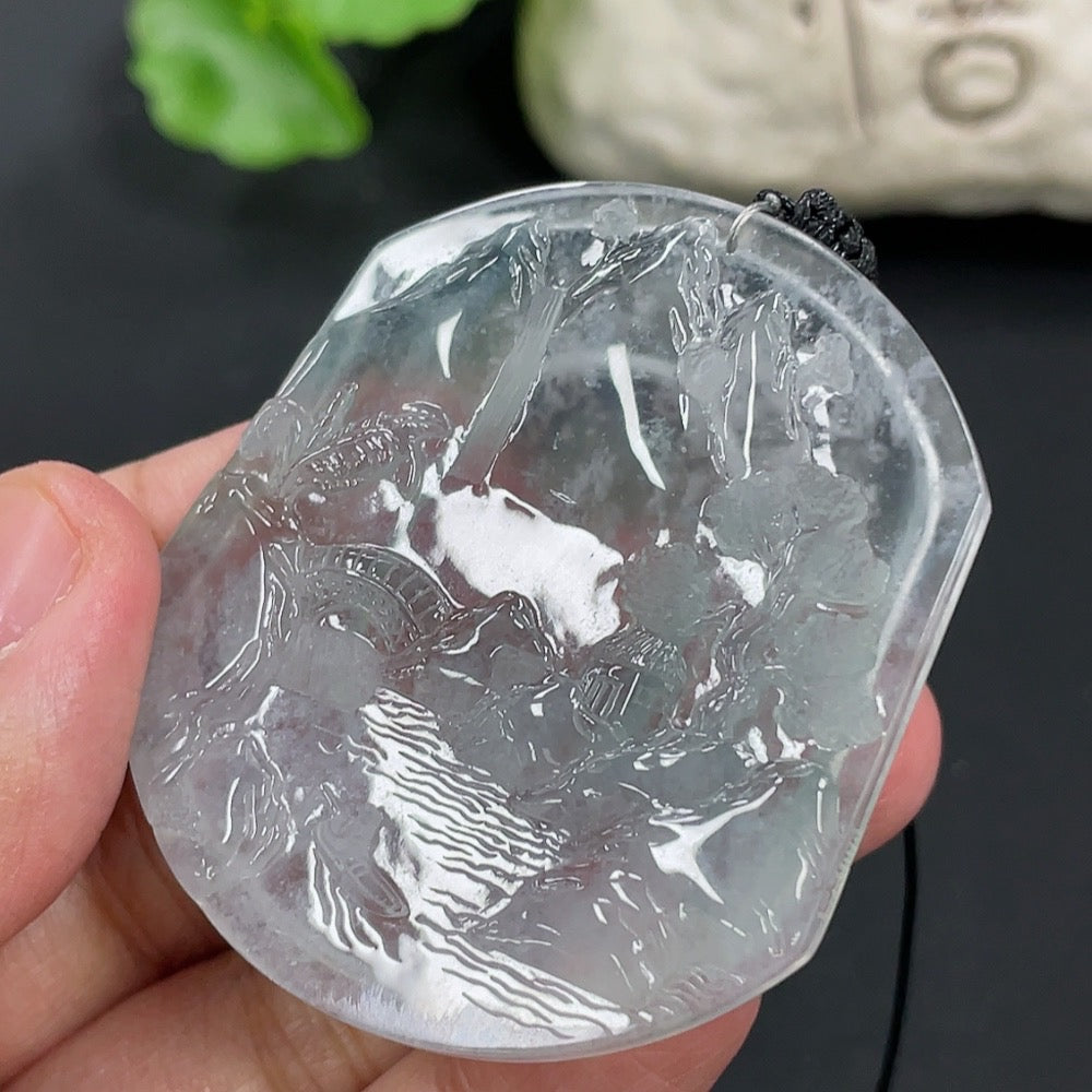 HUILIU HQ jadeite pendant with landscape plaque, includes rope, weighing 23.84g, showcasing intricate jade carving and natural green hues.