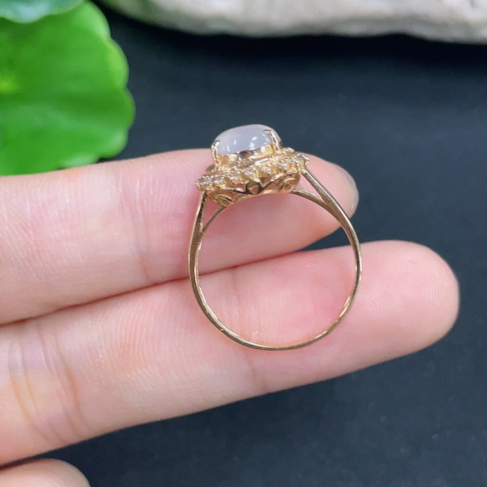Jadeite cabochon ring with diamond accents, 18k gold band, size 14, from HKHQ, featuring a smooth, polished jade stone.