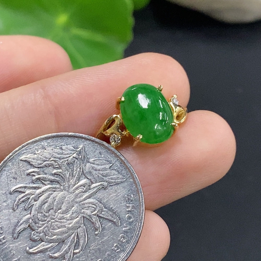 Jadeite Cabochon Inlaid Ring 18K Gold with Diamond Accents Size 13 Total Weight Approx. 2.79g