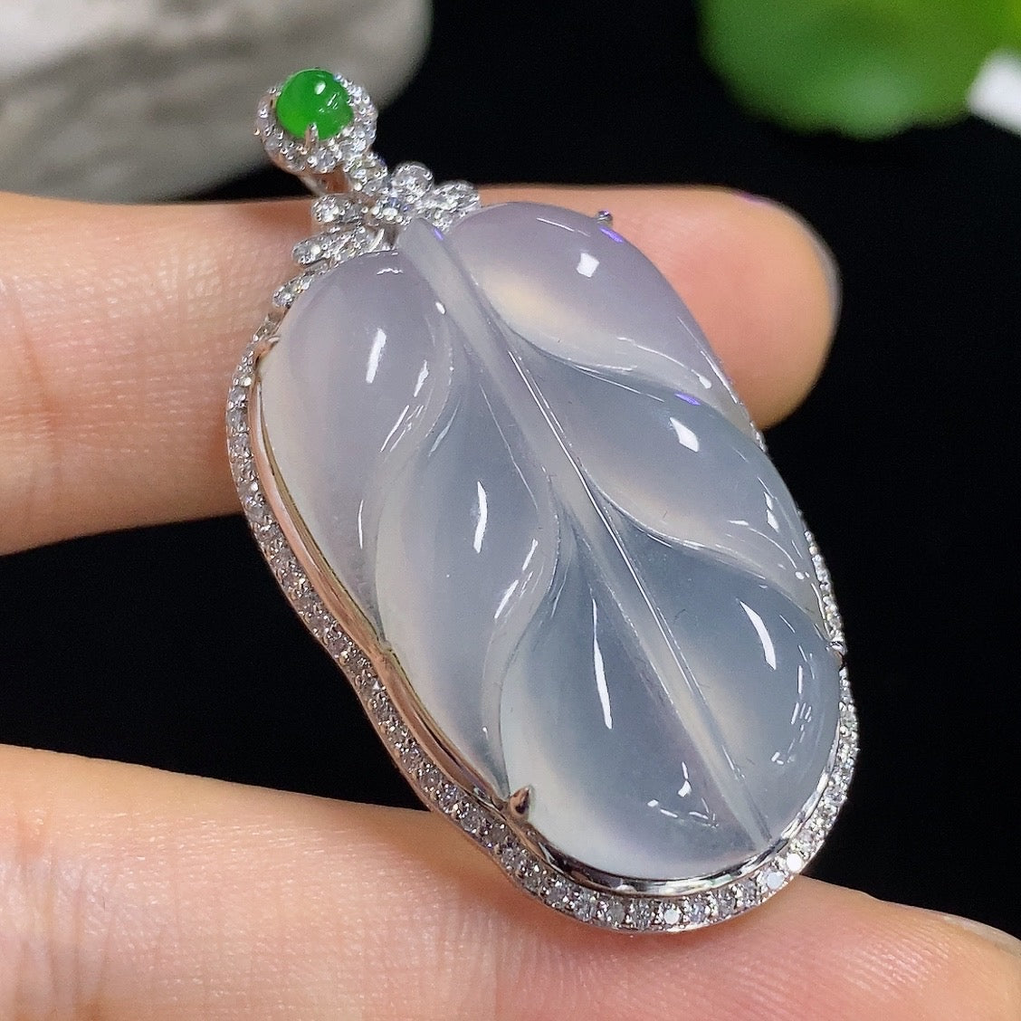 Jadeite Leaf Inlaid Pendant with 18K Gold and Diamond Accents