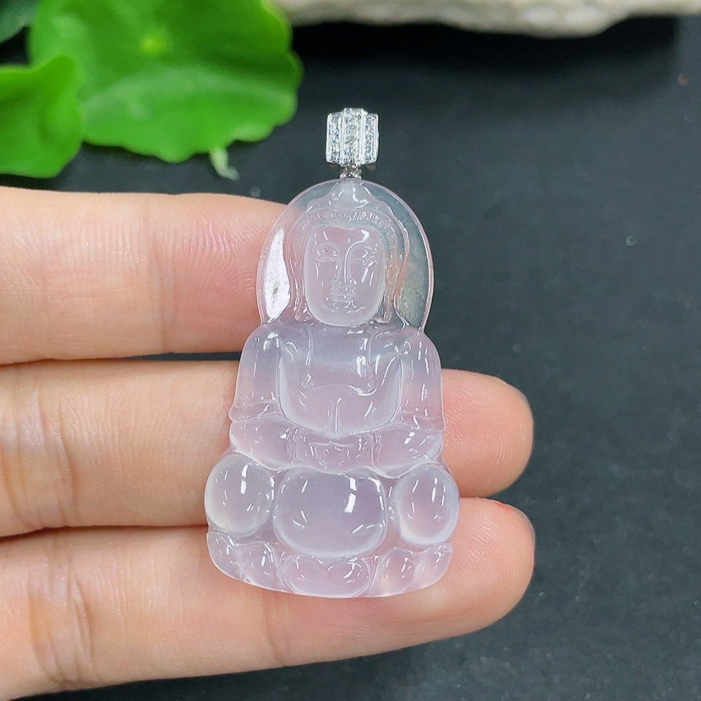 Jadeite Guanyin pendant with 18K gold accents and diamond details, featuring a detailed carved jade figure, weighs approx. 5.56g.