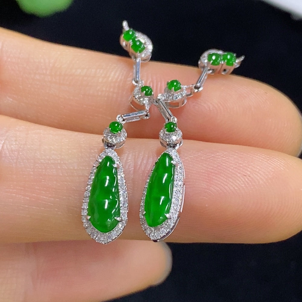 Jadeite Auspicious Bean Inlaid Earrings 18k with Diamond Accents Total Weight Approx. 2g