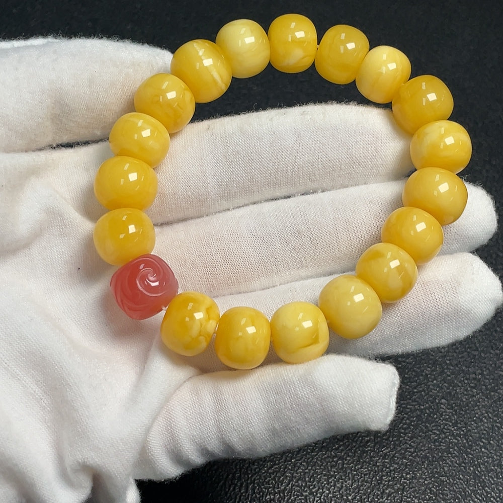 Huiliu Amber Beeswax bracelet with Southern Red Agate beads, natural amber and red gemstone jewelry, handcrafted accessory