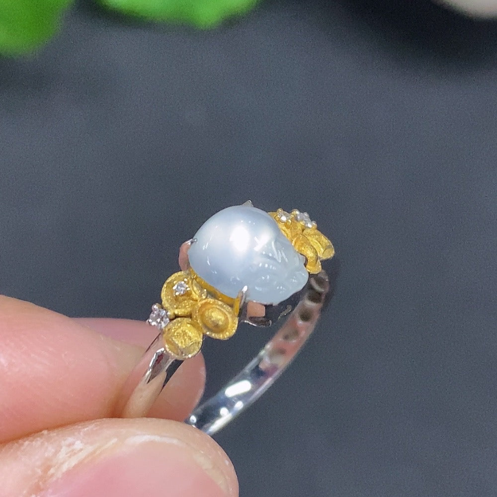 Jadeite Ring with 18K Gold Size 13 Total Weight Approx. 1.9g (Accented with Diamonds)