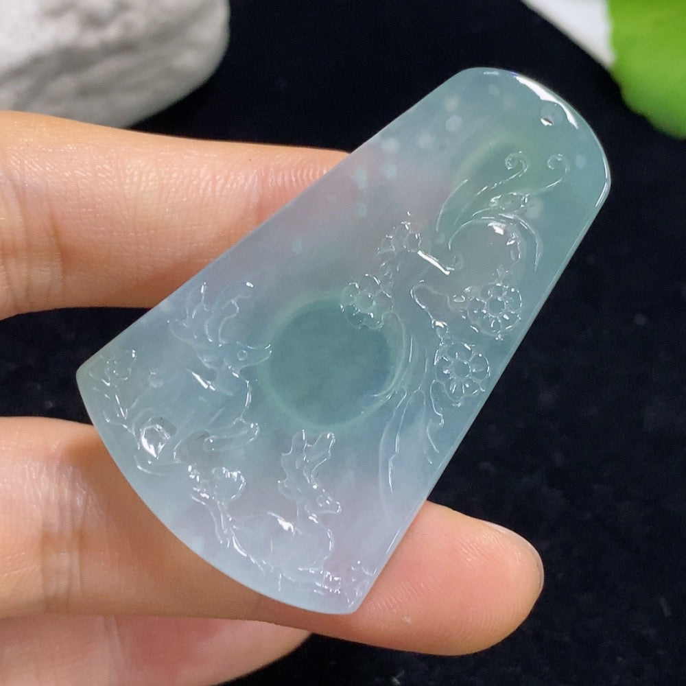 Jadeite deer pendant in green jade with detailed carved design, weight approximately 14.62g, from HKHQ.