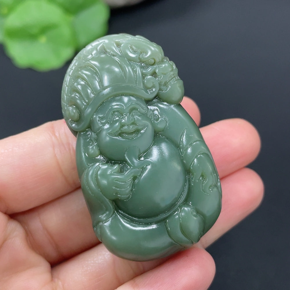 Huiliu certified Hetian jade pendant featuring the God of Wealth, intricate carved design, showcasing rich jade color and craftsmanship.