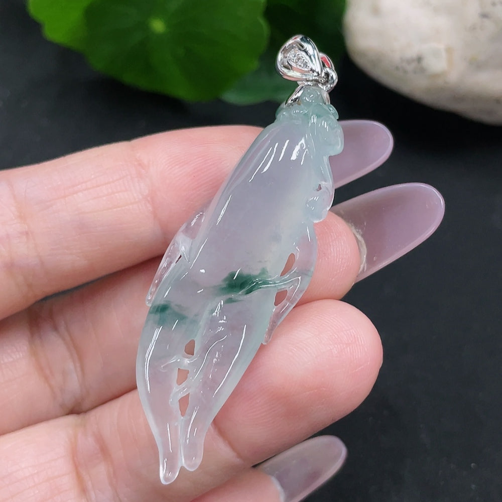 Jadeite Auspicious Life Pendant in 18k gold with diamond inlay, weighing about 9g, featuring intricate jade craftsmanship.