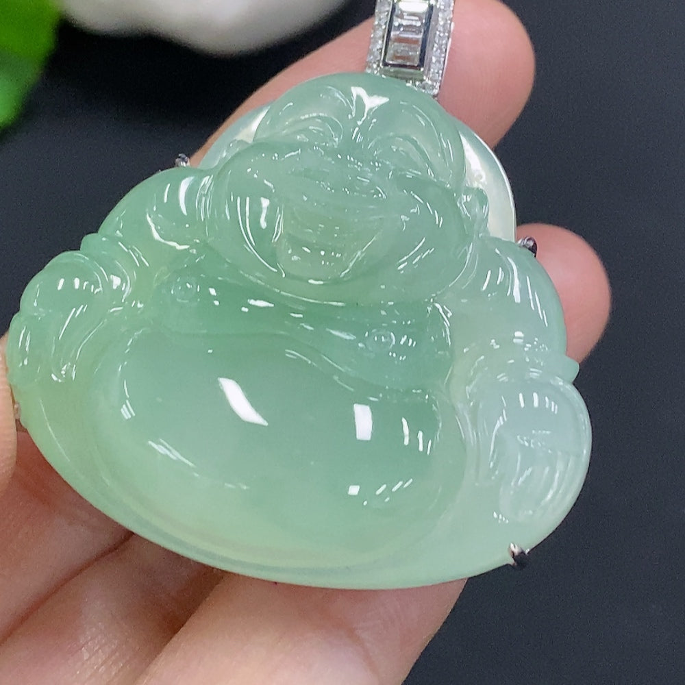 Jadeite Buddha Pendant with 18K Gold Setting, Total Weight Approx. 24.9g (Accented with Diamonds)