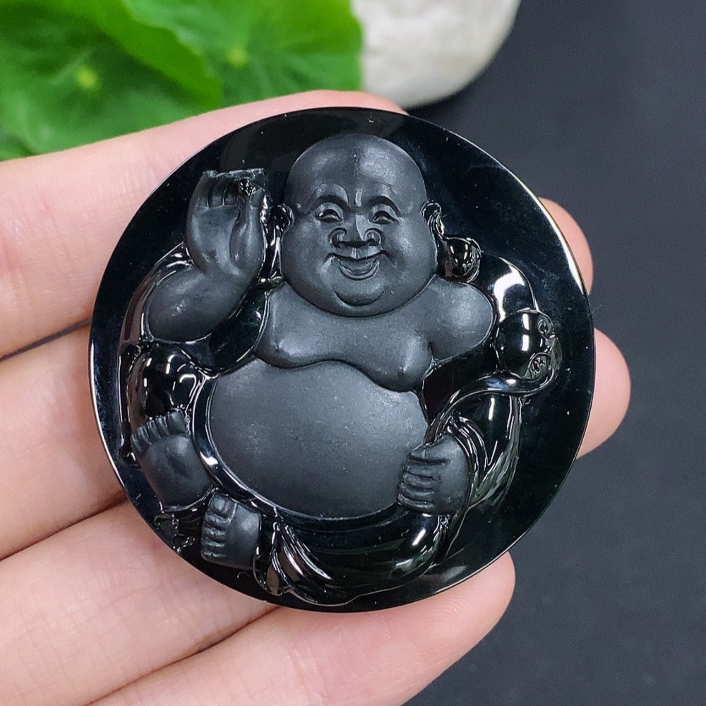 Jadeite Buddha pendant carved from green jade, weighing approximately 44.6g, featuring detailed Buddha figure, HKHQ brand.