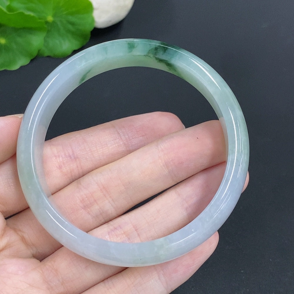 Jadeite round bangle with a 58mm inner diameter, weighing approximately 48.4g, showcasing smooth green jadeite from HKHQ.