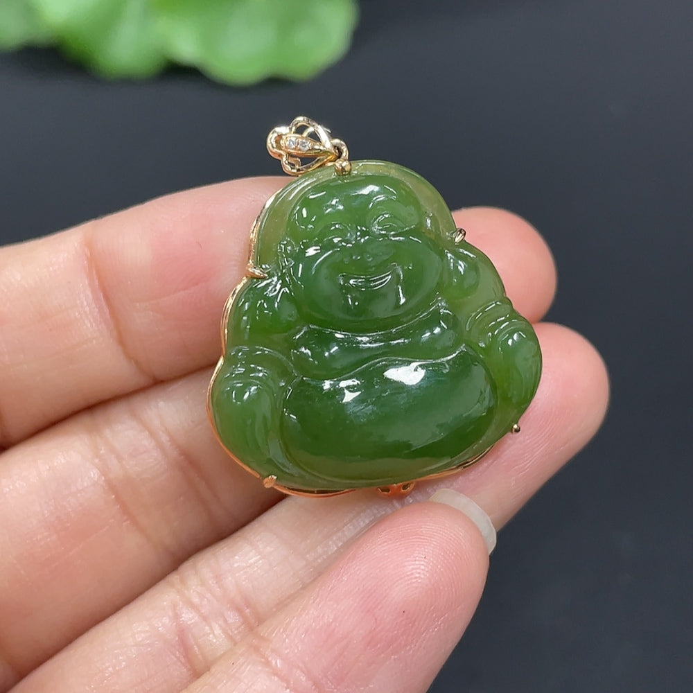 Huiliu HQ Hetian Jade Jasper inlaid Buddha sculpture, non-diamond jade art piece with intricate craftsmanship and natural stone details.
