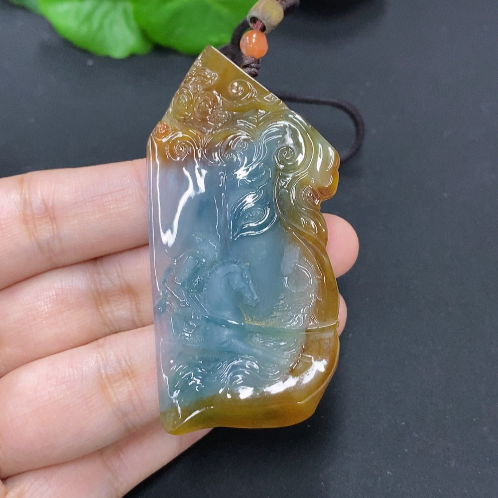 Jadeite Success Achieved Pendant necklace by HKHQ featuring a polished jadeite pendant hanging from a silver chain.