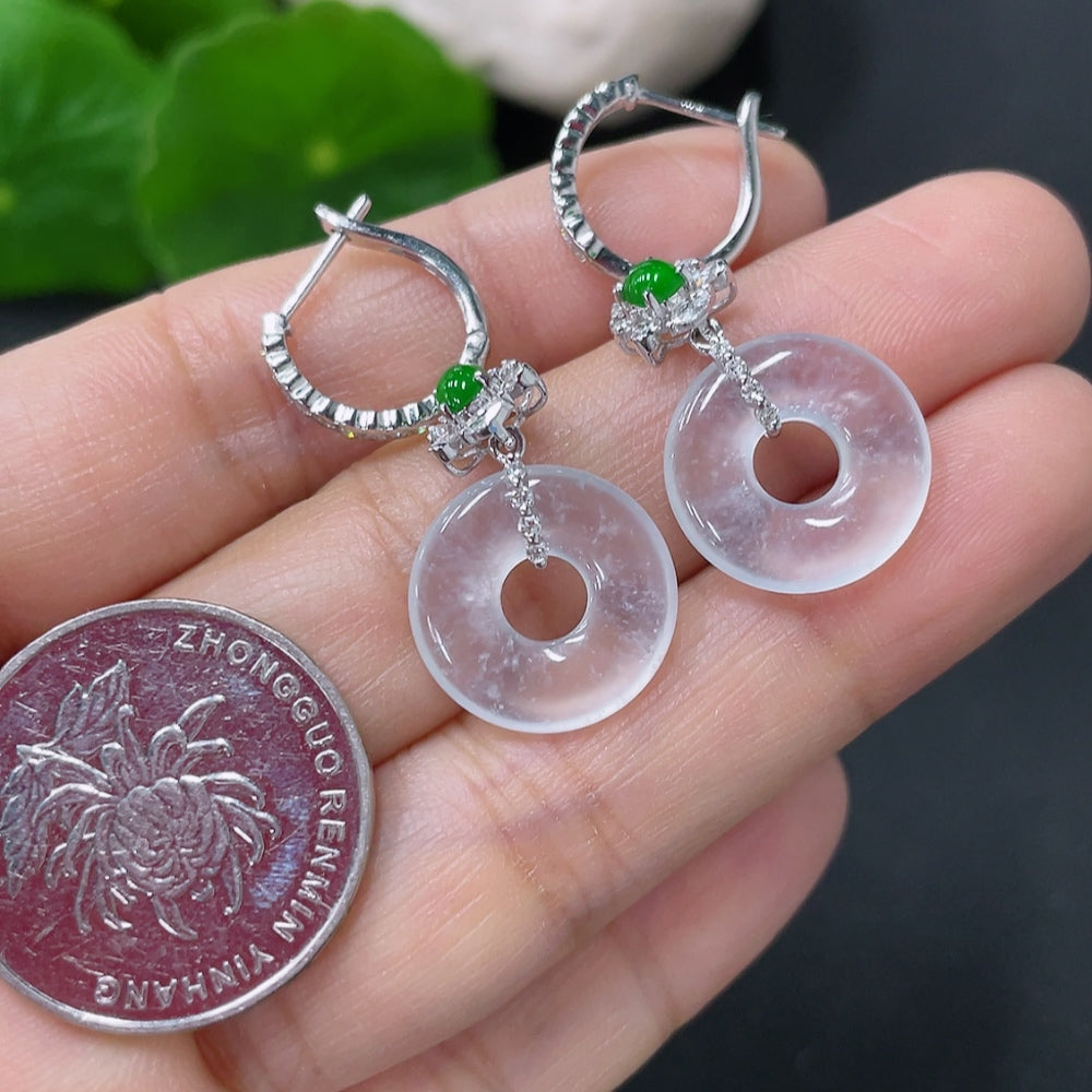 HUILIU HQ jadeite earrings set in 18k gold with diamond accents, featuring polished jade stones and elegant gold setting.