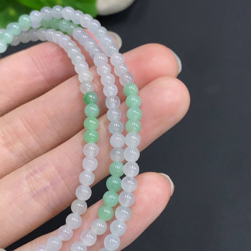 Jadeite bead necklace by HUILIU HQ featuring 3.7mm jade beads, non-gold inlaid, total weight approx. 18.5g, close-up of necklace.