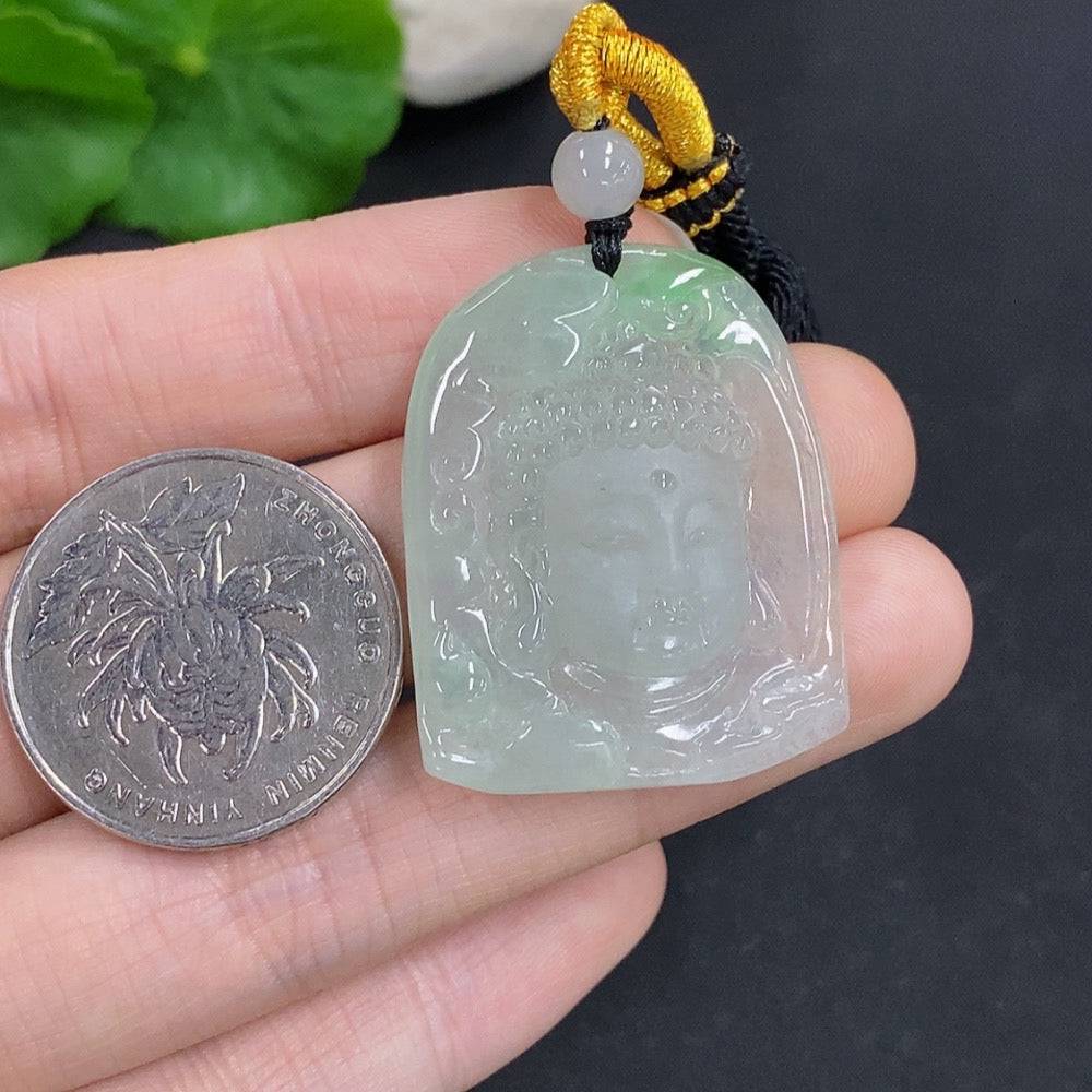 Jadeite Buddha amulet pendant with rope, weighing approximately 14.1g, from HUILIU HQ, featuring a detailed carved Buddha design.