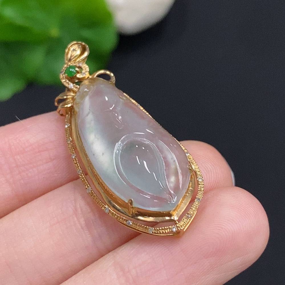 Huiliu Jadeite Magnolia pendant with diamond accents, featuring a detailed jade flower design, certified by HUILIU HQ.