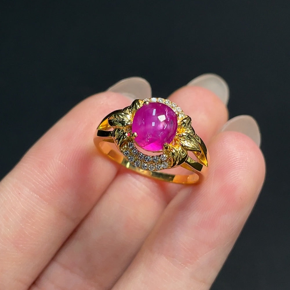 18k gold Ruby inlaid ring with diamond accents, size 16, from HKHQ, showcasing vibrant gemstones and elegant design.