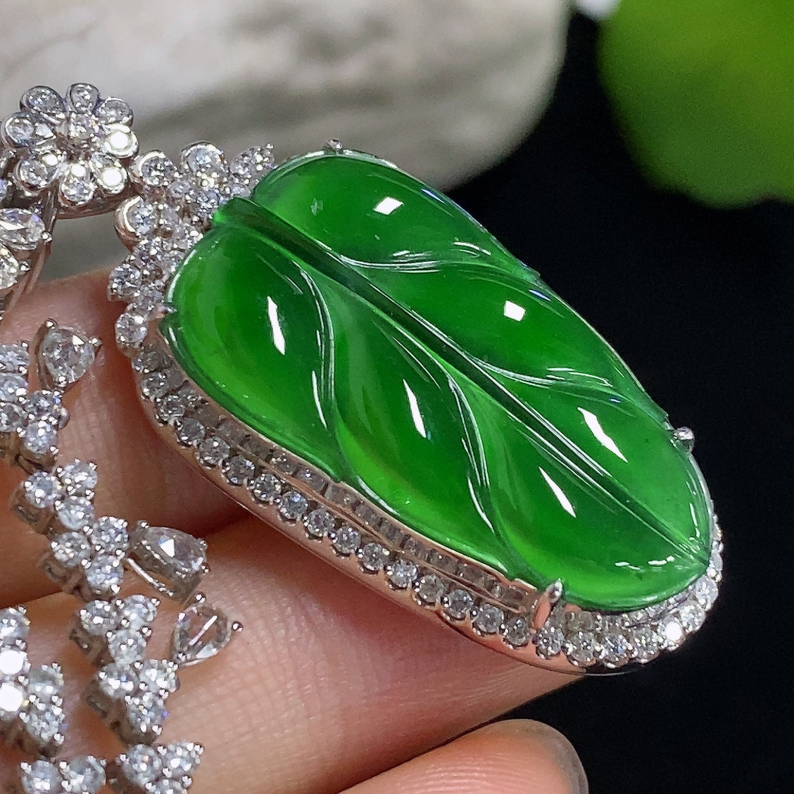 Jadeite Pendant Leaf 18k with Diamond Accents Total Weight Including Chain Approx. 19.7g