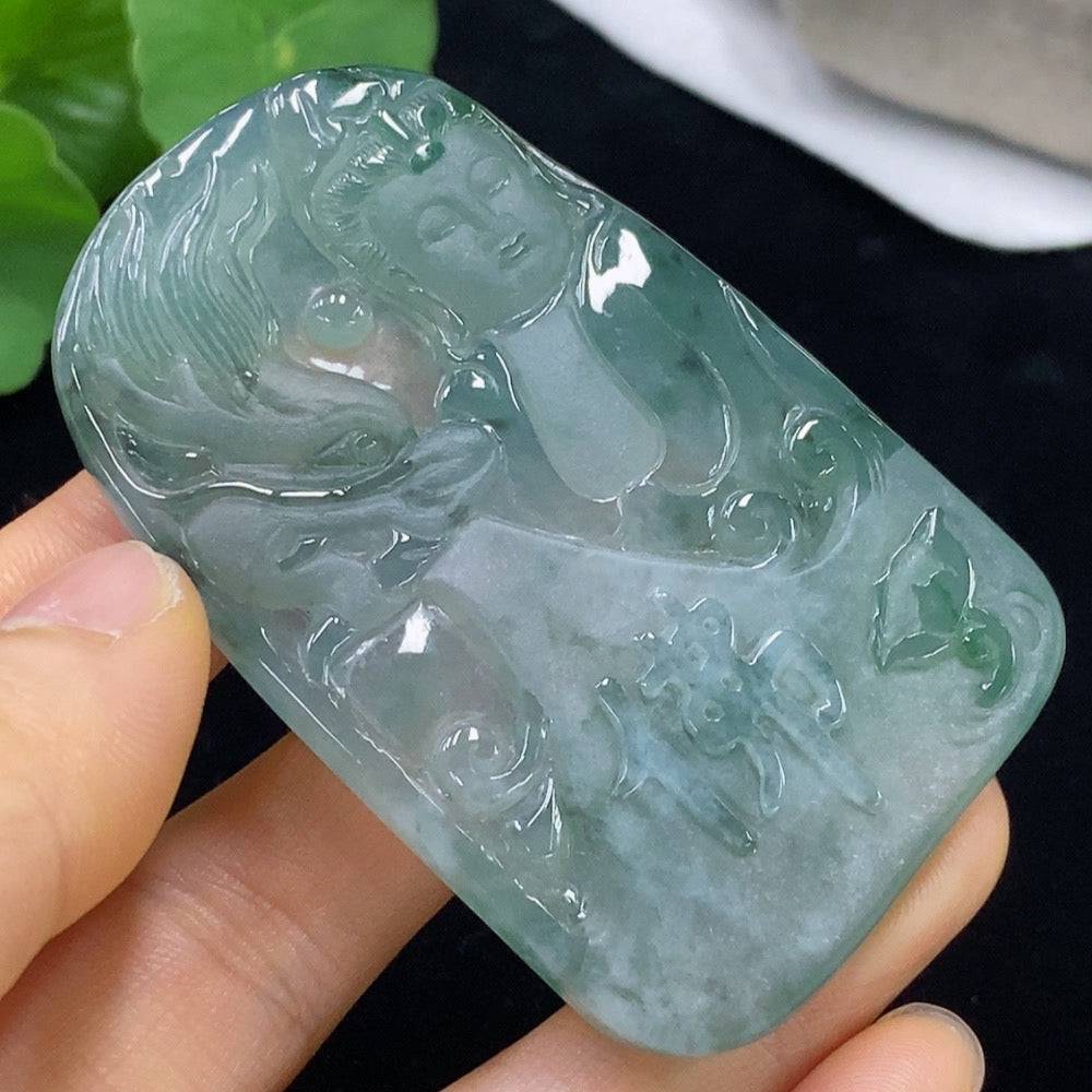 Jadeite Guanyin pendant from HUILIU HQ, showcasing detailed craftsmanship, weighing approximately 39.33 grams.