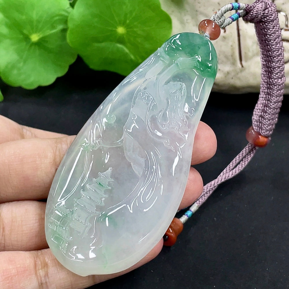 HKHQ jadeite pendant necklace with non-grade A beads, approximately 40.8g, detailed craftsmanship, with collection certificate visible.