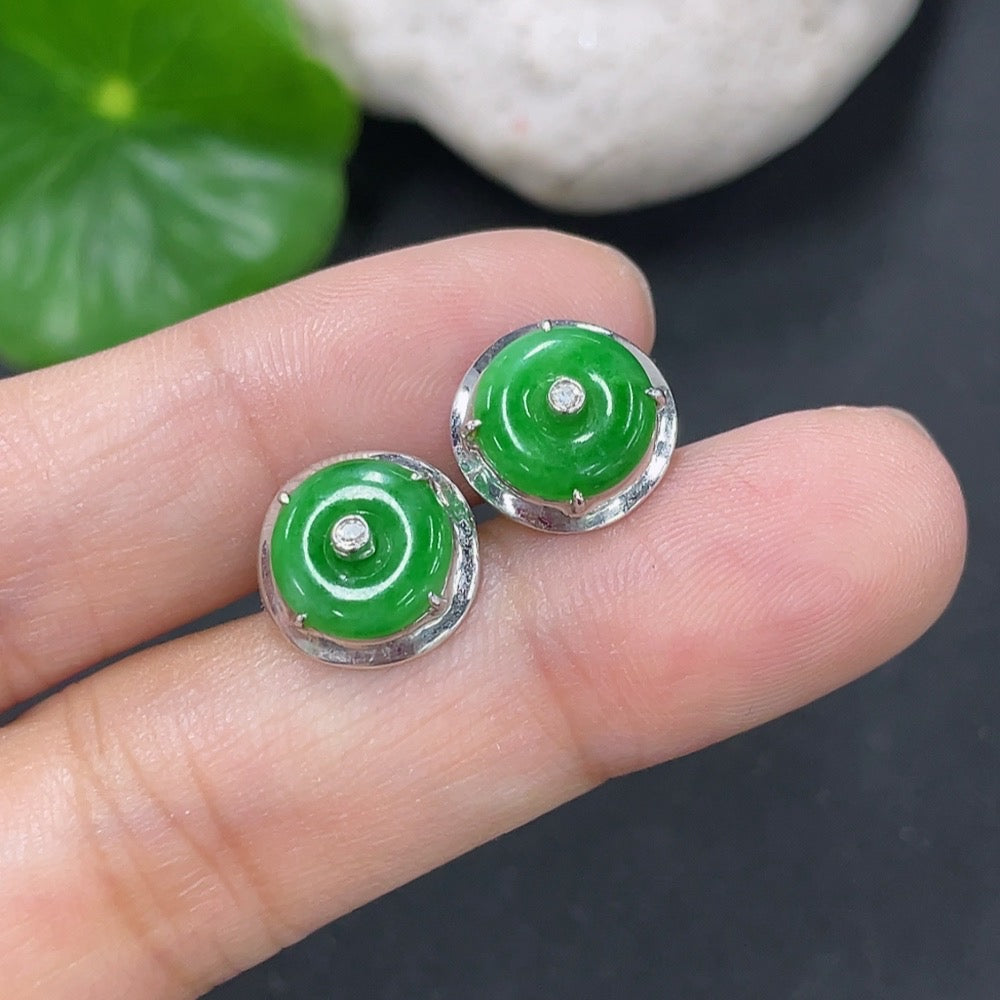 Jadeite Earrings with 18k Ear Caps, 14k Main Body, and Diamond Accents, Total Weight Approximately 2.1g