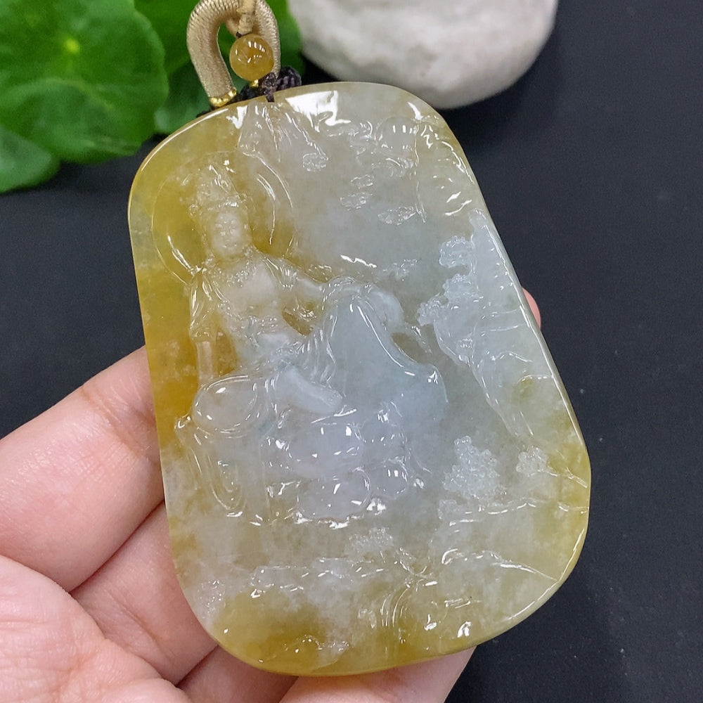 Jadeite Guanyin pendant with landscape design on jade, weighing approximately 84.3g with rope, by HUILIU HQ