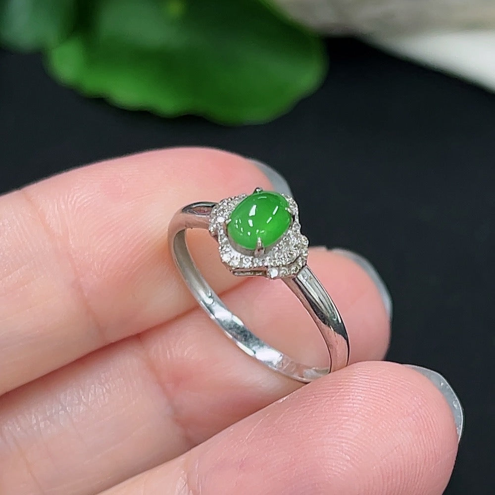Jadeite and Diamond Ring in 18k Gold, Size 14, Total Weight Approx. 1.37g