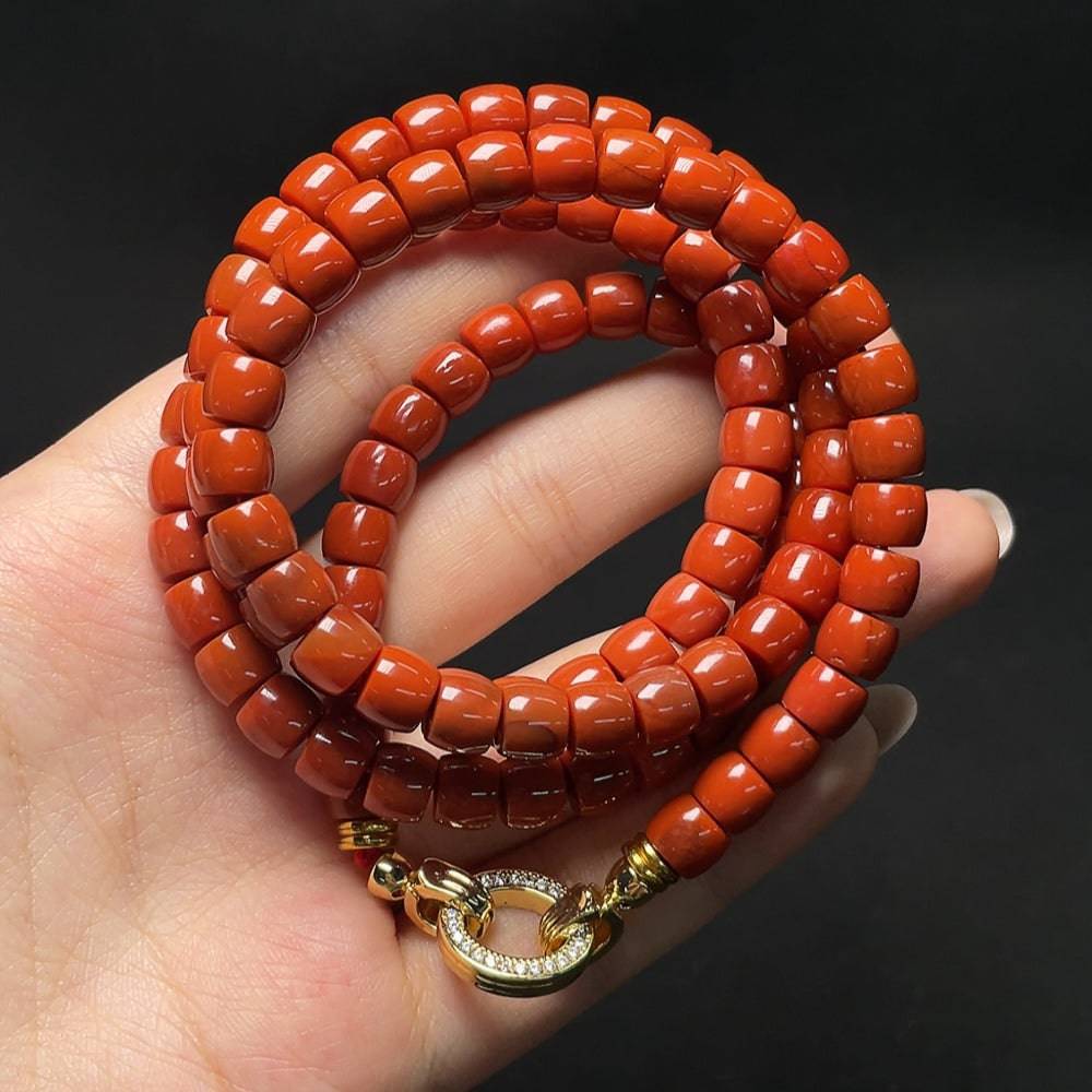 Red Agate gemstone bead strand by HUILIU HQ, 7.1mm size with visible organic matter, showcasing natural gemstone beauty.