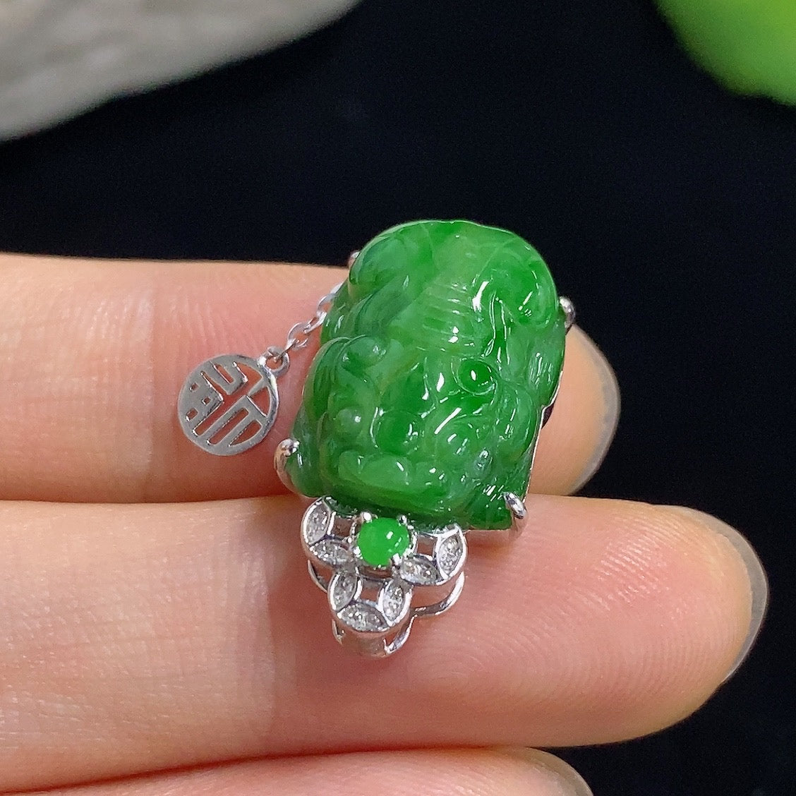 Jadeite Pi Xiu Inlaid Pendant 18K with Diamond Accent