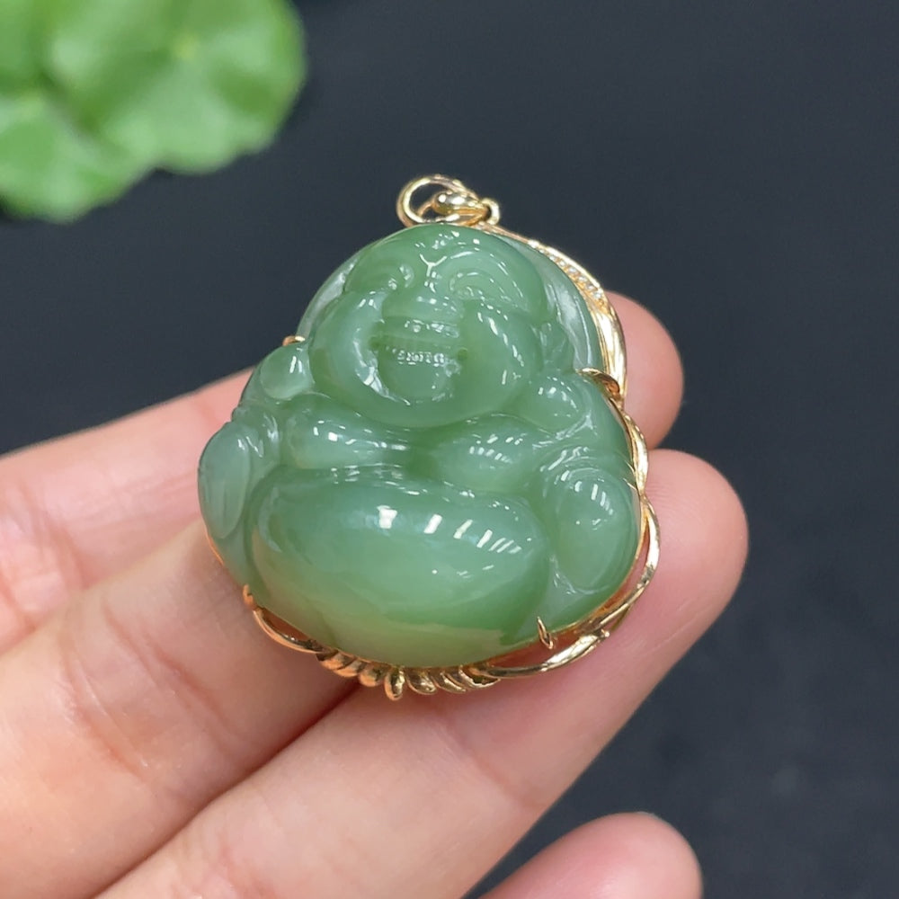 Huiliu certified Hetian jade Jasper Buddha pendant with diamond accents, showcasing intricate inlay craftsmanship and detailed design.