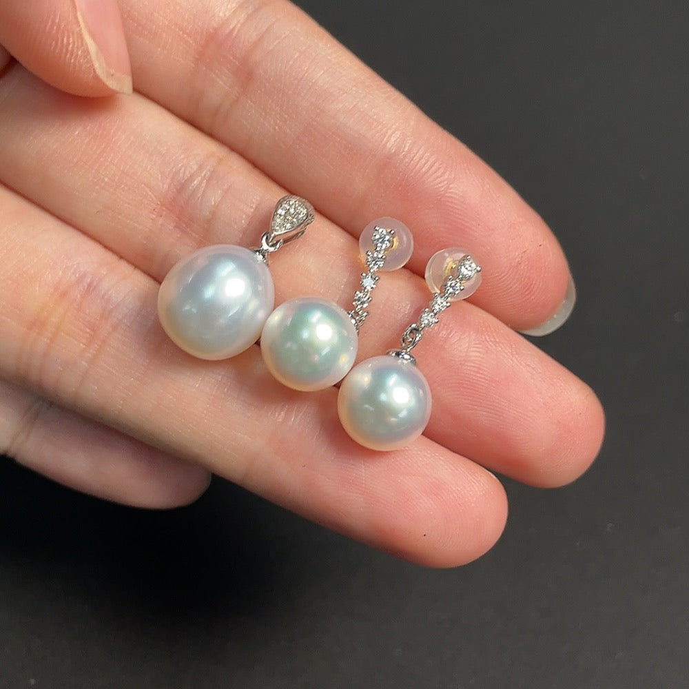 Seawater Pearl Pendant + Earrings Set, 18K Gold, Pearl Size Approx. 8.9-10.5mm, Total Weight Approx. 5.40g, Accented with Diamonds
