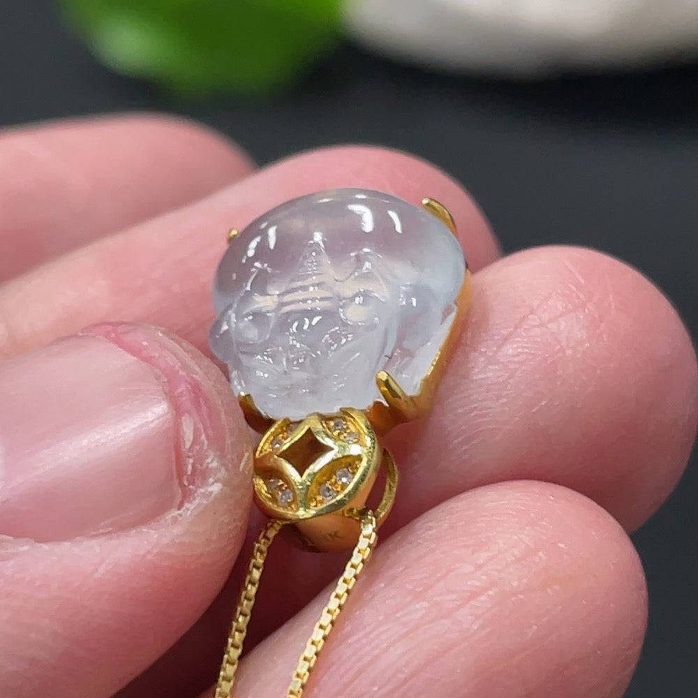Jadeite Pi Xiu pendant with diamond accents on a chain, crafted by HUILIU HQ, weighing approximately 1.7g excluding chain